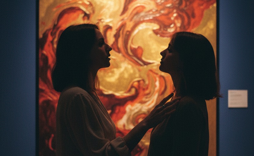 Two people standing close, facing each other before a glowing painting in a gallery